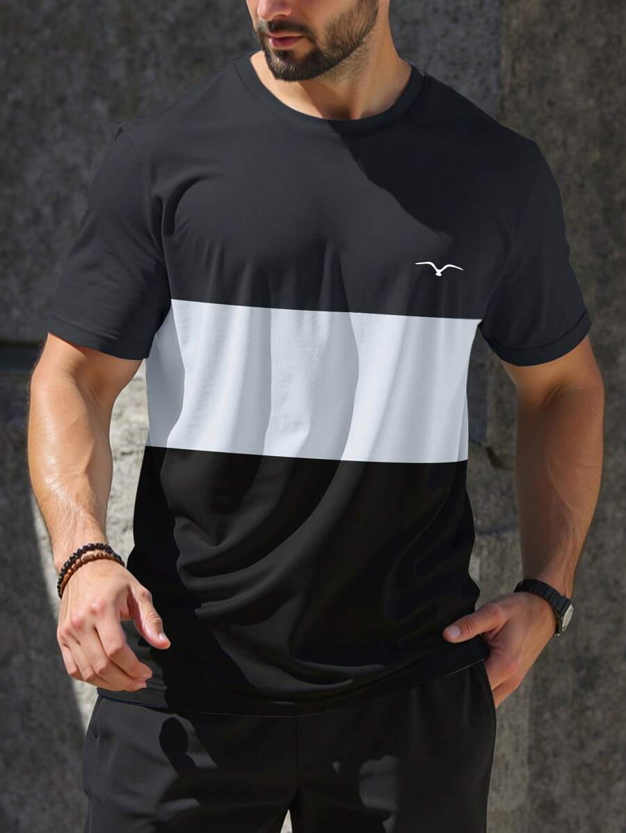 Manfinity Homme Men's Color Block Short Sleeve Round Neck T-Shirt, Fashionable For Summer - Multicolor - View 1