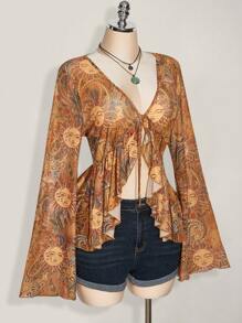 SHEIN ICON 加大码 Y2K 复古花卉印花前系带针织上衣，阳光佩斯利印花，波西米亚风，喇叭袖透明印花衬衫，音乐节，暑假 - 彩色 - 查看 3