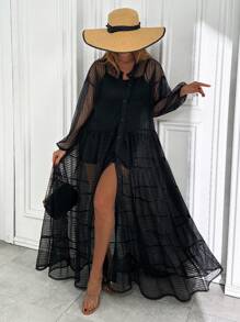 RueChic Robe texturée transparente, motif nid d'abeille, devant boutonnage, style manches longues, détail de jupe à volants, tissu semi-transparent, collection du soir, matériau de qualité supérieure, design pour porter en soirée, coupe moderne, mode romantique, parfait pour les événements du soir, look élégant, mode contemporaine, pièce phare, article de mode, tenue de soirée de luxe, indispensable saisonnier, style pour occasions spéciales, design sophistiqué