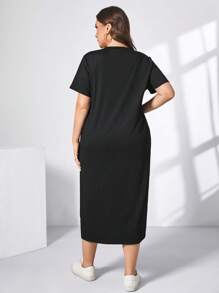 SHEIN Essnce Plus Size Women's Spring And Summer Fashion Casual Loose Comfortable Daily Basic Black Short-Sleeved Slit Mid-Length Dress,Summer Outfits For Women,Church Clothes Women,Old Money Style Women,Modest Dresses For Women
