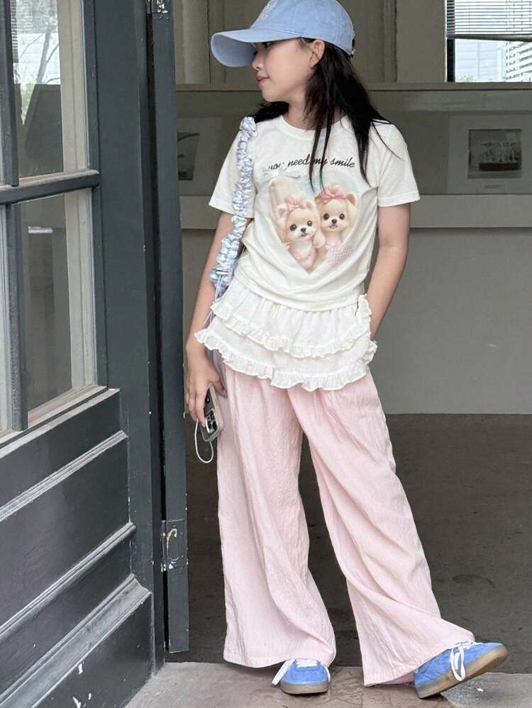 Tween Girl Fall Clothes Girl Round Neck Knit Printed Short Sleeve T-Shirt + Pants 2-Piece Set,Back To School Clothes