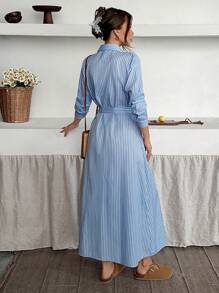 Vestido camisa de manga larga con botones y rayas casual