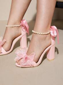 女士新款凉鞋，粉色高跟凉鞋，加大码洛丽塔风格可爱蝴蝶结串珠珍珠链丝带系带粗跟圆头凉鞋 - 粉色 - 查看 3
