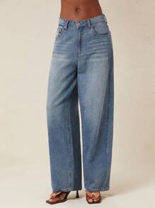 SHEIN Unity 春季筒形裤中长洗水泡泡牛仔裤夏季节日超大宽松休闲日常街头潮流长裤女式牛仔裤 - 深色水洗藍 - 查看 1