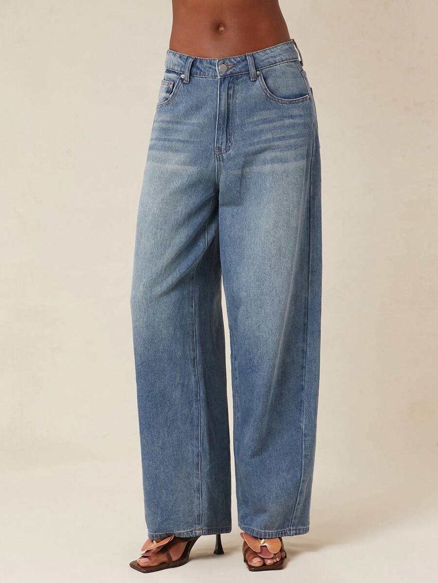 SHEIN Unity 春季筒形裤中长洗水泡泡牛仔裤夏季节日超大宽松休闲日常街头潮流长裤女式牛仔裤 - 深色水洗藍 - 查看 1