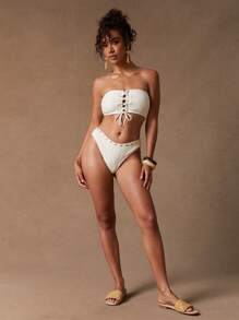 NYA SZN Women Solid Color Lace Up Bandeau Bikini Top For Summer Beach Vacation - Apricot - View 4