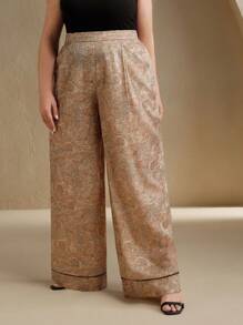 Anewsta New Women Contrast Color Drawstring Waist Cashew Flower Print Wide Leg Pants - Khaki - View 3