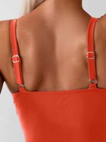 SHEIN Swim 女士纯色简约无袖连体泳衣 - 橘色 - 查看 3