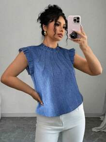 Elenzga Plus Size Women Blue Linen Ruffle Hem Puff Sleeve Shirt - Blue - View 3