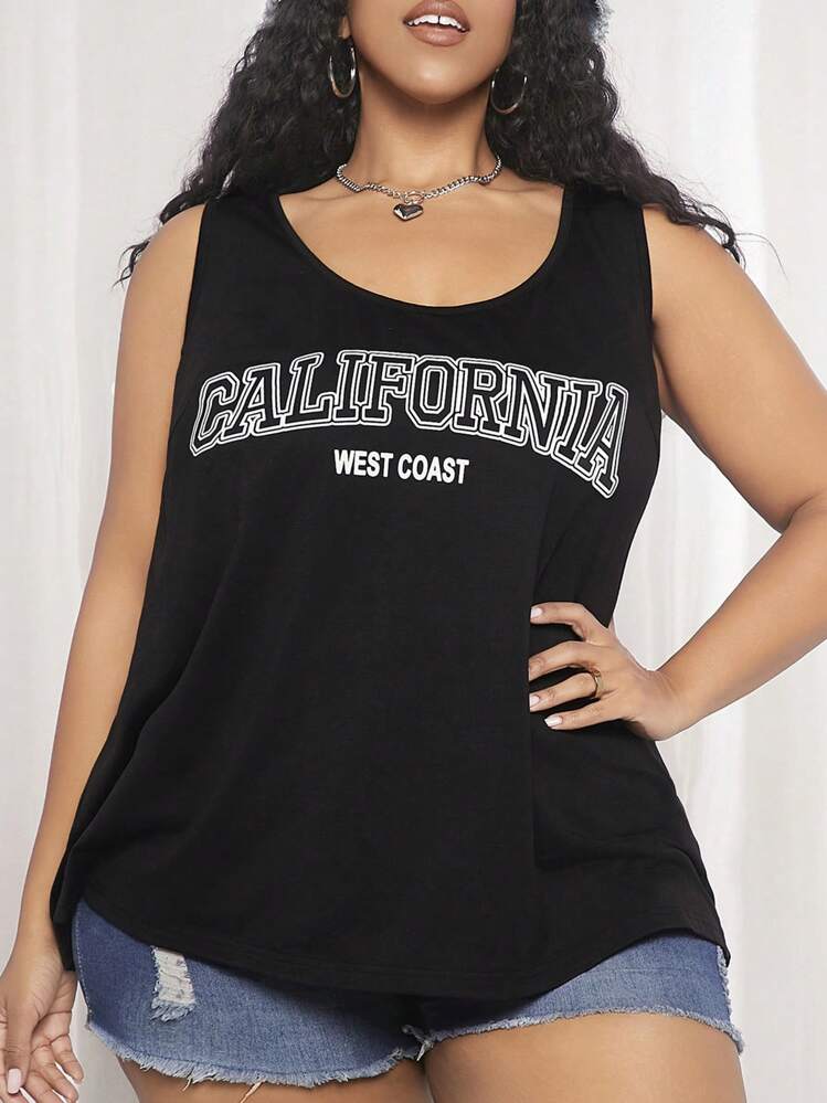 SHEIN CURVE+ 夏季大尺碼字母印花背心上衣 - 黑色 - 查看 4