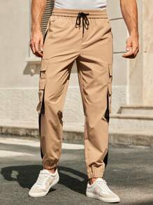 Manfinity VCAY Quần Cargo thường ngày có túi rút dây màu tương phản dành cho nam - Màu Khaki - Xem 6