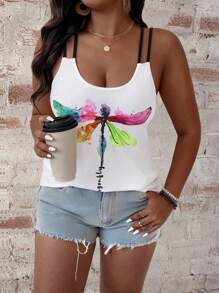 EMERY ROSE Plus Size Women Dragonfly Print Casual Fashion Camisole - White - View 6