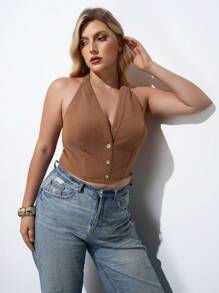 Maija ملابس علوية قصيرة ظهر مكشوف للنساء ذوات الحجم الكبير، بتصميم أنيق وألوان صلبة، مناسبة للصيف والعطلات والشاطئ والخروج والمناسبات والمكاتب والمهرجانات - كاكي - مشاهدة 4