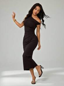 SHEIN PETITE Váy lệch vai thanh lịch dành cho nữ, thích hợp cho các buổi tiệc tùng và mặc đi làm hàng ngày - Cà phê nâu - Xem 4