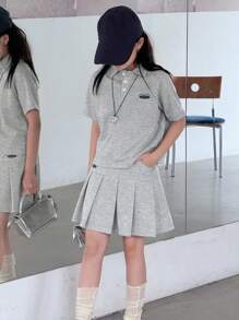 Dazy Kids 2 件套 Tween Girls Polo T 恤和百褶裙套装，夏季 - 灰色 - 查看 1