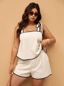 Elaquor Bộ 2 chiếc/Bộ áo hai dây xếp nếp và quần short cỡ lớn dành cho nữ, Bộ trang phục mùa hè 2 món, Trang phục mùa hè dành cho nữ - Màu be - Xem 4