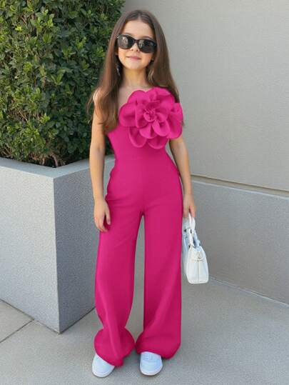 Firerie Kids Firerie Kids Tween Girls Casual Elegant Asymmetric Shoulder Fitted Simple 3D Floral Decor Jumpsuit, Suitable For Parties, Gatherings, Weddings And Other Occasions