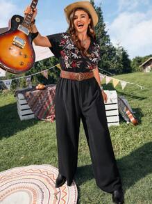 EMERY ROSE 大码女式花卉印花V领短袖阔腿连体裤 - 黑色 - 查看 5