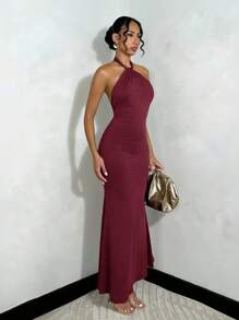 SHEIN Tall Đầm Maxi Bodycon hở lưng màu trơn đơn giản thanh lịch cho nữ, thích hợp mặc hàng ngày - Màu Đỏ Sâu - Xem 5