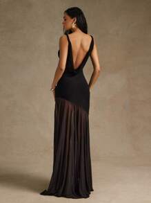 Hauture Women's Sexy Casual Twisted Shoulder With Side Slit See Through Hem Low Back Mesh Dress - Black - View 2