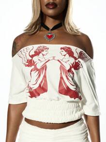 SUMWON WOMEN Off Shoulder Angel Graphic Crop Top With Shirred Waist Band Gothic Renaissance Style Festival Dance Party Clubwear - White - View 5