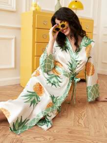Chillnights Pineapple Fruit Design Satin Women's Bathrobe - Multicolor - View 5