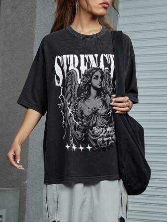 Street Life Ladies Punk Angel Sculpture Street Print Random Floral & Snowflake T-Shirt