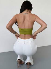 Firerie 女士休闲性感亮片时尚沙滩度假露背垂褶领钩编纹理绿色吊带背心，适合音乐节、派对和度假。 - 綠色 - 查看 3