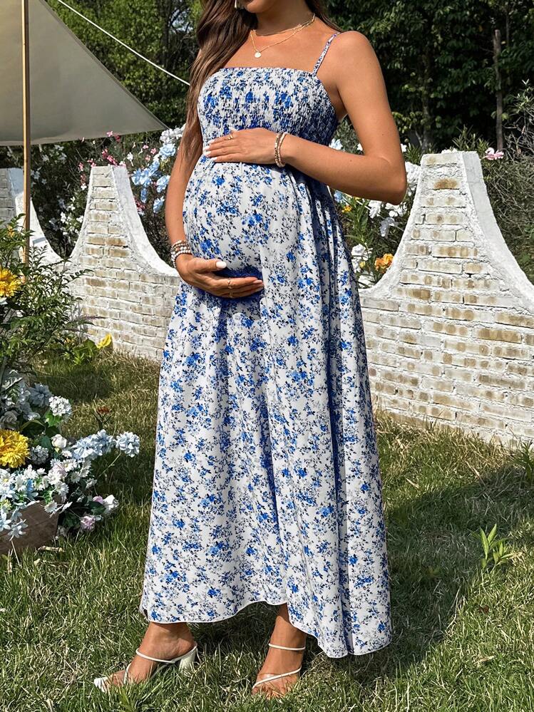 Vestido de maternidad casual sin mangas con estampado floral disperso - Azul y blanco - Añade 5