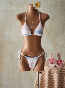 SHEIN ICON Bộ bikini gợi cảm kẻ sọc buộc dây đi biển mùa hè cho nữ - Nhiều màu - Xem 7