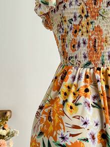 Soleia Plus Size V-Neck Layered Collar Cap Sleeve Cinched Waist A-Line Orange Floral Print Resort Vacation Mini Dress - Multicolor - View 6