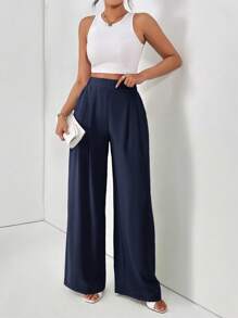 SHEIN Frenchy Women's Basic Solid Color Pleated Pocket Casual Loose Pants,Cargo Pants Winter Blue Spring - Navy Blue - View 3
