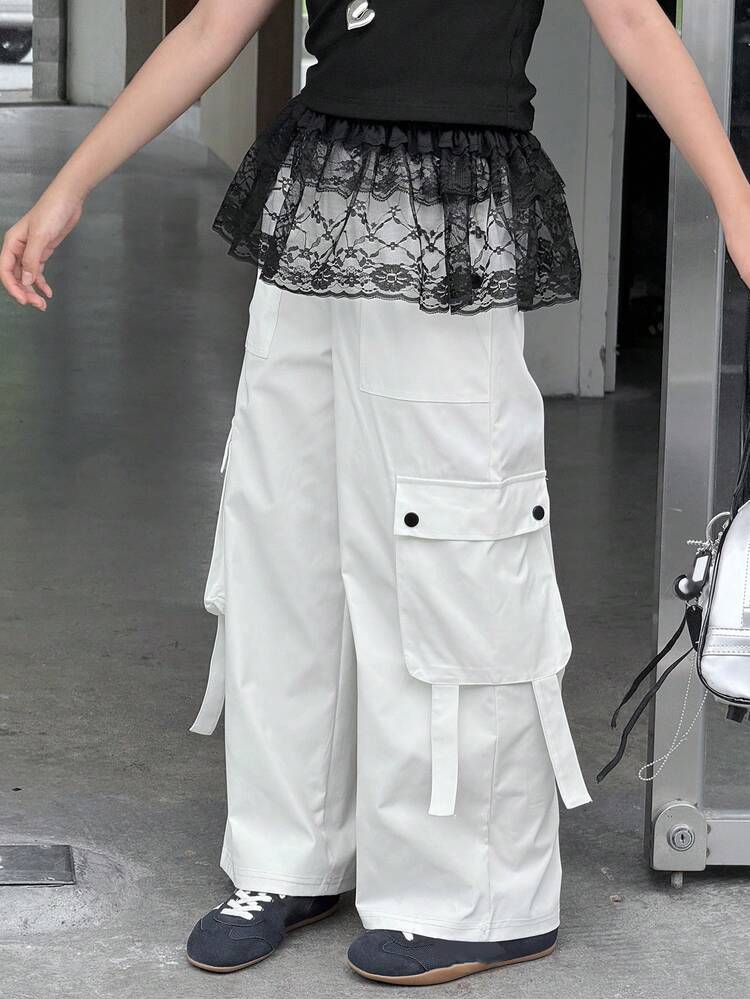 Girls 2 Pieces Set: Black Sleeveless T-Shirt & High Waist White Loose Straight-Leg Pants, Summer