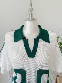 Comfortcana Plus Size Women Casual Openwork Knit Short Sleeve Top,Holiday Outfits,Summer,Going Out Tops, Vintage Tops Women, Preppy Tops,Beach,Vacation,Green And White,European Summer,Streetwear,Graphic Tees