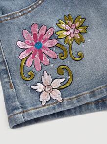 SHEIN MOD 女式花卉刺绣水钻装饰口袋牛仔短裤 - 淺色水洗藍 - 查看 3