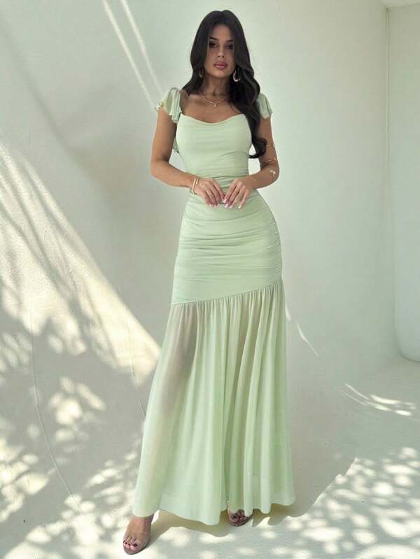 Firerie Vestido ajustado de malla verde con drapeado y volante en el bajo, elegante para mujer, apropiado para fiestas, vacaciones, festivales de música, bodas, almuerzos, Día de San Patricio, vestidos largos de estilo bohemio, vestidos de graduación, atuendos de playa, atuendos de aeropuerto