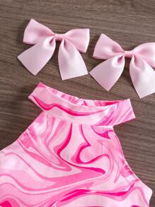 SHEIN LMoss Kids Baby Girl Summer Allover Print Asymmetrical Ruffle Hem Halter Top And Flare Pants Set