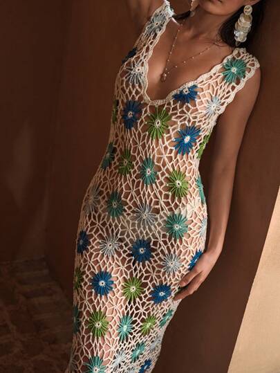 MOTF PREMIUM ALLOVER FLORAL PATTERN SEMI-SHEER COVER UP DRESS