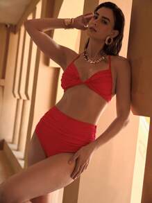 MOTF PREMIUM Bikini estivo con bustino arricciato, schiena scoperta e allaccio dietro il collo di colore unito