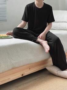 DAZY Kinder Herbst Outfit: Kleinkind/Tween Jungen Einfarbiges Crew Neck Gestricktes Kurzarm T-Shirt + Lange Hose Pyjama Set