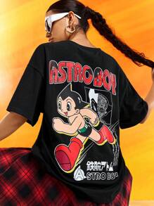 Astro Boy X SHEIN Camiseta negra suelta para mujer, con estampado de dibujos animados, neutra, casual, de verano - Negro - Ver 4