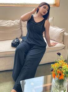 Dazy Plus Plus Size Dark Wash Loose Fit Denim Bib Overall Long Jumpsuit, All Season
