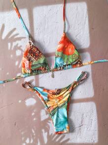 Swim Vcay Women Springbreak Beachwear Summer Outfits, Random Animal Print, Floral, Metallic Star Decor Spaghetti Strap Sexy Bikini Set