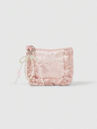 Kawaii 1 pieza Estuche de maquillaje único de diseño con múltiples compartimentos, adornado con bordado, moño y perlas de imitación, con borde de encaje y cremallera rosa, que puede contener toallas sanitarias, monedero y pañuelos - regalo para la madre