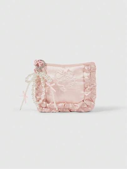 Kawaii 1pc Multi-Compartment Unique Design Embroidered Bow & Faux Pearl Decor Lace Edged Zipper Pink Makeup Bag, Sanitary Pad, Coin Purse, Can Hold Tissues - Gift For Mother
