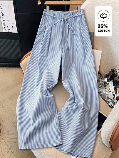 SHEIN Tall Pantalones anchos de mujer de punto de bambú azul con diseño de nudo, de estilo casual, para primavera/verano