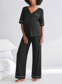 BloomMama 孕妇家居服 - 短袖上衣 + 长裤 - 黑色 - 查看 3