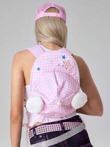 ROMWE Kawaii Cute Star Button Plush Wing Gingham Pattern Fashion Backpack & Outdoor Sports Baseball Cap Set, Lightweight Casual Commuter Daypack For Schoolbooks - Pink - View 3