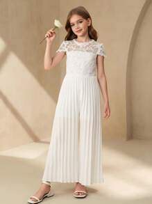 SHEIN 少女优雅花卉蕾丝领镂空刺绣拼接雪纺面料白色长款褶皱连体裤婚礼花童礼服 - 白色 - 查看 4