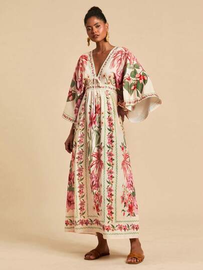 Travachic 女式 V 领 3/4 袖印花连衣裙、女士夏季服装、沙滩装、春夏装、复活节、节日服装、女士沙滩装、春假、女士度假服装、女士演唱会服装、波西米亚风、波西米亚、音乐节、美国独立日服装、热带度假女装度假连衣裙、波西米亚风女装